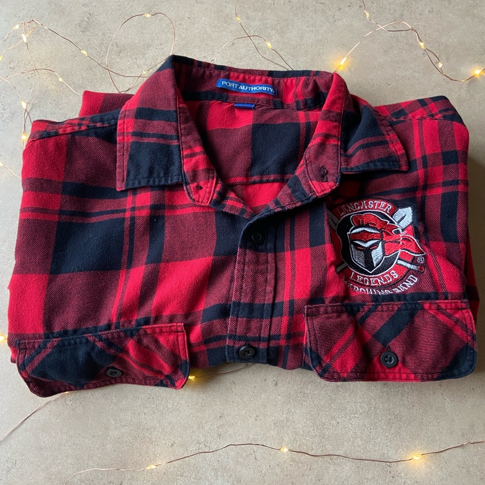 Port Authority Red and Black Plaid Button-Up Shirt